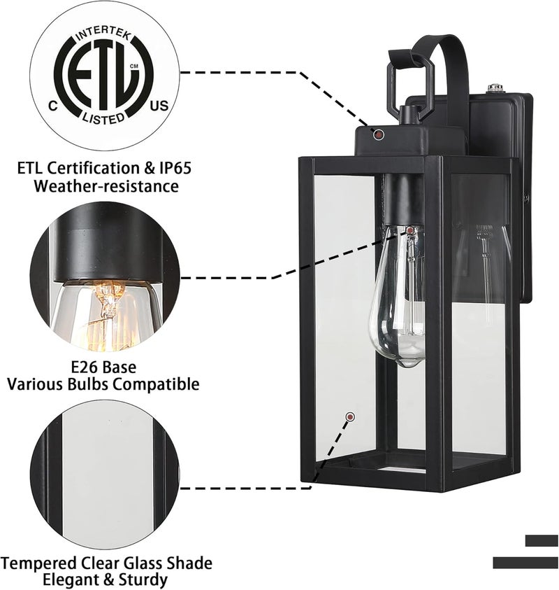 ricco Outdoor Wall Lights, Dusk to Dawn Matte Black Exterior Light Fixture with Clear Glass Shade, Photocell Sensor Front Porch Lighting, Modern Sconce Lantern for House, Garage, Patio, ETL Listed - Image 4
